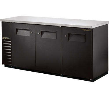 True Food Service Equipment TBB-24-72 Back Bar Cooler, Three-section, 24" Deep, 35-5/8" High, (84) 6-packs Or (3) 1/2 Keg Capacity, (4) Wire Shelves, Condensing Unit On Left, Stainless Steel Counter Top, Black Vinyl Front & Sides, Black Aluminum Back, Galvanized Steel Walls With Stainles