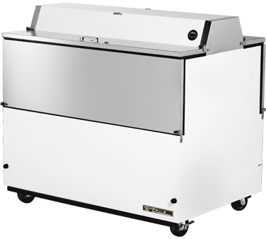 True Food Service Equipment TMC-49-DS Mobile Milk Cooler, Forced-air, (12) Crates, Dual Sided Stainless Steel Drop Front/hold-open Flip-up Lids, Locks, 33-38°f, White Vinyl Exterior, White Aluminum Interior With Stainless Steel Floor, (3) Heavy Duty Floor Racks, Digital Thermometer, 4" C