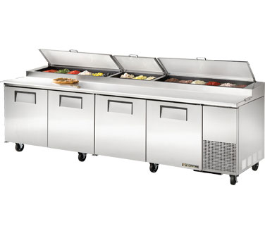 True Food Service Equipment TPP-119 Pizza Prep, 33-41°f Pan Rail, Stainless Steel Cover, 19.5"d Cutting Board, Stainless Steel Front, Top & Sides, (4) Full Doors, (8) Adjustable Wire Shelves, Includes (15) 1/3 Size Clear Polycarbonate Insert Pans (top), White Aluminum Interior With Sta