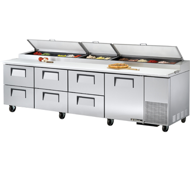 True Food Service Equipment TPP-119D-6 Pizza Prep, 33-41°f Pan Rail, Stainless Steel Cover, 19.5"d Cutting Board, Stainless Steel Front, Top & Sides, (1) Door, (6) Drawers Accommodates (2) 12"x20"x8"d Pans (not Included), (2) Adjustable Wire Shelves, Includes (15) 1/3 Size Clear Polycarbo