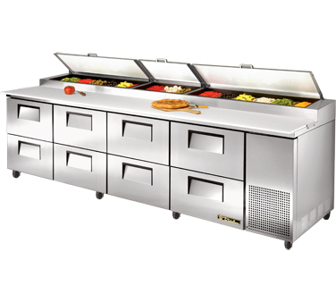 True Food Service Equipment TPP-119D-8 Pizza Prep, 33-41°f Pan Rail, Stainless Steel Cover, 19.5"d Cutting Board, Stainless Steel Front, Top & Sides, (8) Drawers Accommodates (2) 12"x20"x8"d Pans (not Included), Includes (15) 1/3 Size Clear Polycarbonate Insert Pans (top), White Aluminum
