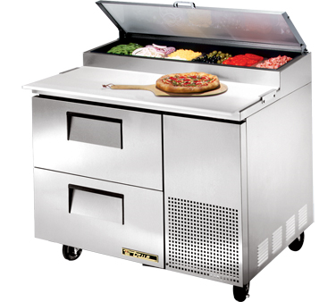 True Food Service Equipment TPP-44D-2 Pizza Prep, 33-41°f Pan Rail, Stainless Steel Cover, 19.5"d Cutting Board, Stainless Steel Front, Top & Sides, (2) Drawers Accommodates (2) 12"x20"x8"d Pans (not Included), Includes (6) 1/3 Size Clear Polycarbonate Insert Pans (top), White Aluminum I