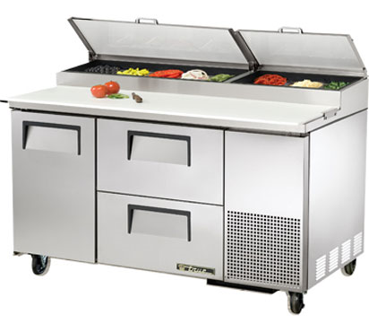 True Food Service Equipment TPP-60D-2 Pizza Prep, 33-41°f Pan Rail, Stainless Steel Cover, 19.5"d Cutting Board, Stainless Steel Front, Top & Sides, (1) Full Doors, (2) Drawers Accommodates (2) 12"x20"x8"d Pans (not Included), (2) Adjustable Wire Shelves, Includes (8) 1/3 Size Clear Poly