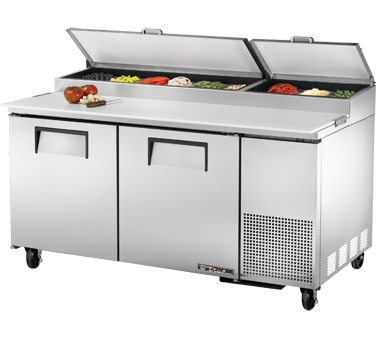 True Food Service Equipment TPP-67 Pizza Prep, 33-41°f Pan Rail, Stainless Steel Cover, 19.5"d Cutting Board, Stainless Steel Front, Top & Sides, (2) Full Doors, (4) Adjustable Wire Shelves, Includes (9) 1/3 Size Clear Polycarbonate Insert Pans (top), White Aluminum Interior With Stai