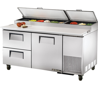 True Food Service Equipment TPP-67D-2 Pizza Prep, 33-41°f Pan Rail, Stainless Steel Cover, 19.5"d Cutting Board, Stainless Steel Front, Top & Sides, (1) Full Door, (2) Drawers Accommodates (2) 12"x20"x8"d Pans (not Included), (2) Adjustable Wire Shelves, Includes (9) 1/3 Size Clear Polyc