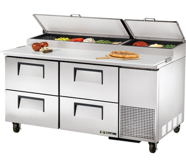 True Food Service Equipment TPP-67D-4 Pizza Prep, 33-41°f Pan Rail, Stainless Steel Cover, 19.5"d Cutting Board, Stainless Steel Front, Top & Sides, (4) Drawers Accommodates (2) 12"x20"x 8"d Pans (not Included), Includes (9) 1/3 Size Clear Polycarbonate Insert Pans (top), White Interior