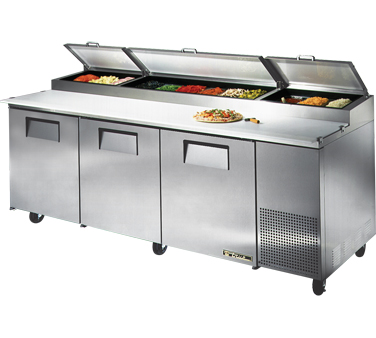 True Food Service Equipment TPP-93 Pizza Prep, 33-41°f Pan Rail, Stainless Steel Cover, 19.5"d Cutting Board, Stainless Steel Front, Top & Sides, (3) Full Doors, (6) Adjustable Wire Shelves, Includes (12) 1/3 Size Clear Polycarbonate Insert Pans (top), White Aluminum Interior With Sta