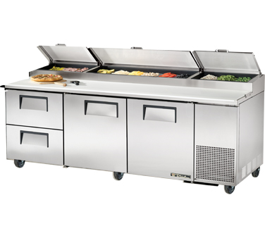 True Food Service Equipment TPP-93D-2 Pizza Prep, 33-41°f Pan Rail, Stainless Steel Cover, 19.5"d Cutting Board, Stainless Steel Front, Top & Sides, (2) Full Doors, (2) Drawers Accommodates (2) 12"x20"x8"d Pans (not Included), (4) Adjustable Wire Shelves, Includes (12) 1/3 Size Clear Pol