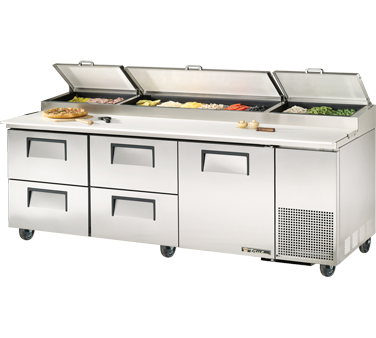 True Food Service Equipment TPP-93D-4 Pizza Prep, 33-41°f Pan Rail, Stainless Steel Cover, 19.5"d Cutting Board, Stainless Steel Front, Top & Sides, (1) Door, (4) Drawers Accommodates (2) 12"x20"x8"d Pans (not Included), (2) Adjustable Wire Shelves, Includes (12) 1/3 Size Clear Polycarbo