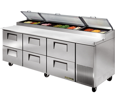 True Food Service Equipment TPP-93D-6 Pizza Prep, 33-41°f Pan Rail, Stainless Steel Cover, 19.5"d Cutting Board, Stainless Steel Front, Top & Sides, (6) Drawers Accommodates (2) 12"x20"x8"d Pans (not Included), Includes (12) 1/3 Size Clear Polycarbonate Insert Pans (top), White Aluminum