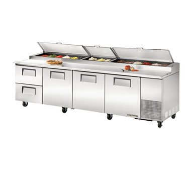 True Food Service Equipment TPP-119D-2 Pizza Prep, 33-41°f Pan Rail, Stainless Steel Cover, 19.5"d Cutting Board, Stainless Steel Front, Top & Sides, (3) Full Doors, (2) Drawers Accommodates (2) 12"x20"x8"d Pans (not Included), (6) Adjustable Wire Shelves, Includes (15) 1/3 Size Clear Pol