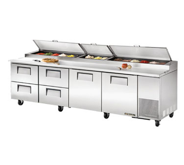 True Food Service Equipment TPP-119D-4 Pizza Prep, 33-41°f Pan Rail, Stainless Steel Cover, 19.5"d Cutting Board, Stainless Steel Front, Top & Sides, (2) Full Doors, (4) Drawers Accommodates (2) 12"x20"x8"d Pans (not Included), (4) Adjustable Wire Shelves, Includes (15) 1/3 Size Clear Pol