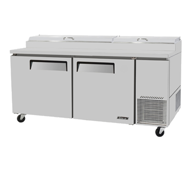 Turbo Air TPR-67SD Super Deluxe Pizza Prep Table, Two-section, 20 Cu. Ft., Stainless Steel Top W/refrigeration Pan Rail, (9) Condiment Pans Included, 19-1/2" Deep Removable Cutting Board, Stainless Steel Interior And Exterior, Abs Door Liner, Insulated Pan Cover, (2) D
