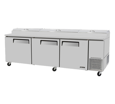 Turbo Air TPR-93SD Super Deluxe Pizza Prep Table, Three-section, 31 Cu. Ft., Stainless Steel Top W/refrigeration Pan Rail, (12) Condiment Pans Included, 19-1/2" Deep Removable Cutting Board, Stainless Steel Interior And Exterior, Abs Door Liner, Insulated Pan Cover, (3