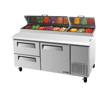 Turbo Air TPR-67SD-D2 Super Deluxe Pizza Prep Table, Two-section, 20 Cu. Ft., Stainless Steel Top W/refrigeration Pan Rail, (9) Condiment Pans Included, 19-1/2" Deep Removable Cutting Board, Stainless Steel Interior And Exterior, Abs Door Liner, Insulated Pan Cover, (1) D