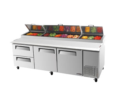 Turbo Air TPR-93SD-D2 Super Deluxe Pizza Prep Table, Three-section, 31 Cu. Ft., Stainless Steel Top W/refrigeration Pan Rail, (12) Condiment Pans Included, 19-1/2" Deep Removable Cutting Board, Stainless Steel Interior And Exterior, Abs Door Liner, Insulated Pan Cover, (2