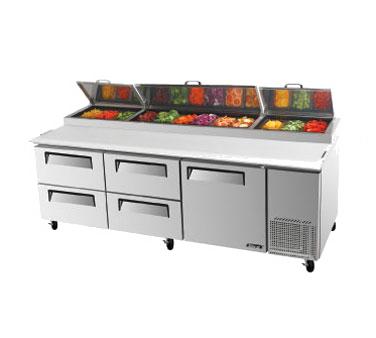 Turbo Air TPR-93SD-D4 Super Deluxe Pizza Prep Table, Three-section, 31 Cu. Ft., Stainless Steel Top W/refrigeration Pan Rail, (12) Condiment Pans Included, 19-1/2" Deep Removable Cutting Board, Stainless Steel Interior And Exterior, Abs Door Liner, Insulated Pan Cover, (1