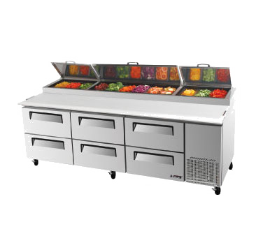 Turbo Air TPR-93SD-D6 Super Deluxe Pizza Prep Table, Three-section, 31 Cu. Ft., Stainless Steel Top W/refrigeration Pan Rail, (12) Condiment Pans Included, 19-1/2" Deep Removable Cutting Board, Stainless Steel Interior And Exterior, Abs Door Liner, Insulated Pan Cover, (6