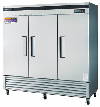 Turbo Air TSF-72SD Super Deluxe Freezer, Reach-in, Three-section, 72 Cu. Ft., Self-contained, 304 Stainless Steel Exterior & Interior, Hinged Solid Doors W/recessed Handles, (9) Adjustable Stainless Steel Wire Shelves, Exterior Led Digital Thermometer, 4" Dia. Swivel C