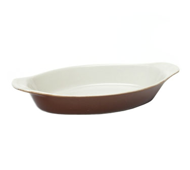 Tuxton China B1N-120 Welsh Rarebit, 12 Oz., 9-7/8" X 4-7/8" X 1-3/8"h, Oval, Microwave & Dishwasher Safe, Oven Proof, Fully Vitrified, Ceramic, Duratux®©, Caramel/eggshell