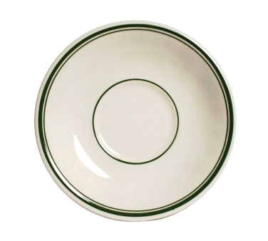 Tuxton China TGB-002 Saucer, 6" Dia., Round, Coupe, Wide Rim, Rolled Edge, Microwave & Dishwasher Safe, Oven Proof, Fully Vitrified, Ceramic, Green Bay, American White/eggshell With Green Band