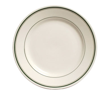Tuxton China TGB-009 Plate, 9-5/8" Dia., Round, Wide Rim, Rolled Edge, Microwave & Dishwasher Safe, Oven Proof, Fully Vitrified, Ceramic, Green Bay, American White/eggshell With Green Band