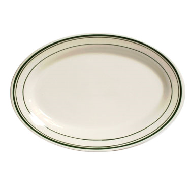 Tuxton China TGB-039 Platter, 13-1/2" X 9", Oval, Wide Rim, Rolled Edge, Microwave & Dishwasher Safe, Oven Proof, Fully Vitrified, Ceramic, Green Bay, American White/eggshell With Green Band