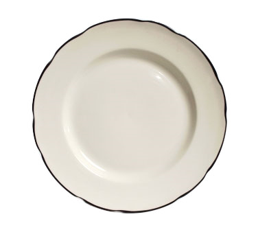 Tuxton China TSC-007B Plate, 7-1/4" Dia., Round, Scalloped Edge, Ceramic, Microwave & Dishwasher Safe, Oven Proof, Fully Vitrified, Shell, American White/eggshell With Black Band