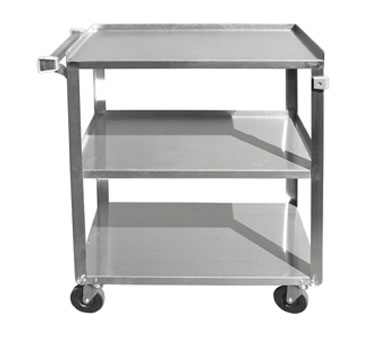 Update International BC-2415SS Bus Cart, 300 Lb. Capacity, 27"l X 16-1/4"w X 32-1/8"h, 3-tier Design, Bumpers On Handle And Cart Front, Stainless Steel Construction, 4" Dia. Swivel Casters (2 With Lock)