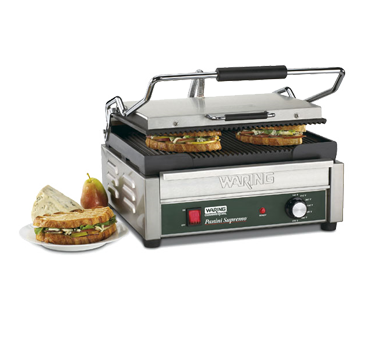 Waring WPG250 Italian Supremo™ Large Panini Grill, Electric, Single, 17-1/2" X 16" Cooking Surface, Hinged Auto-balancing Top Plate With Heat Resistant Handles, Ribbed Cast Iron Plates, Adjustable Thermostats 570°f (300°c), Indicator Lights, Brushed Stainless Stee