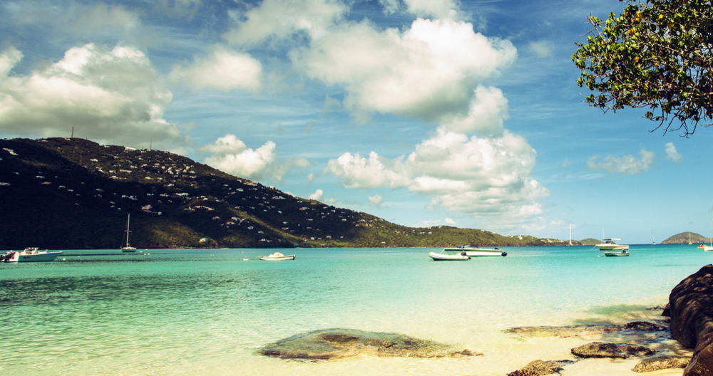 boats anchored off the beach in the northern end of Magen's Bay