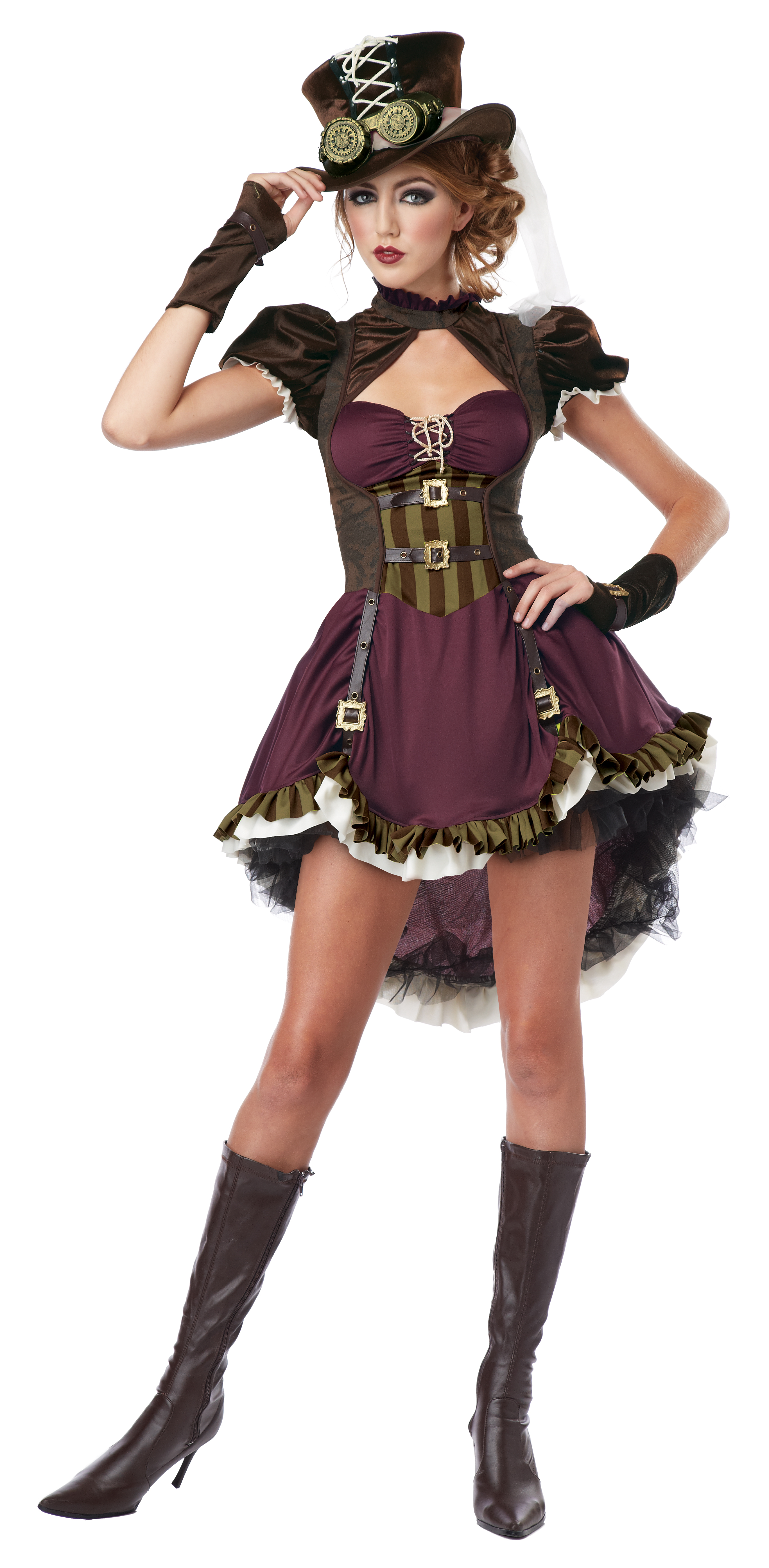 A full Victorian-era Wild West steampunk costume dress with gloves — the kind of elaborate, theatrical outfit that turns heads at any event.