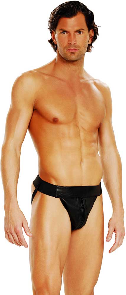 Sexy Adult Plus Size Men Lingerie Leather Jock Strap Thong Trim Zipper Front