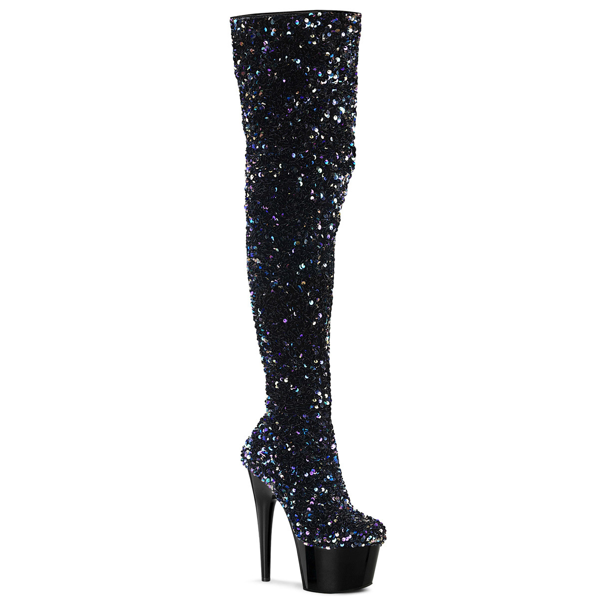 Pleaser Adore 3020 7″ Heel 2″ Platform Sequin Thigh High Boot Inside Zip