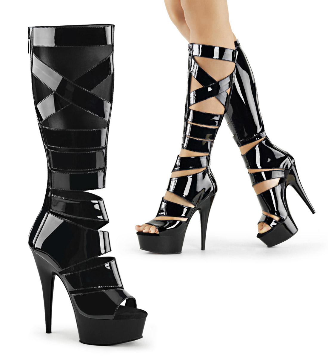 Pleaser Delight 600 49 Knee High Gladiator Open Toe Platform Heels Back Zip 6″