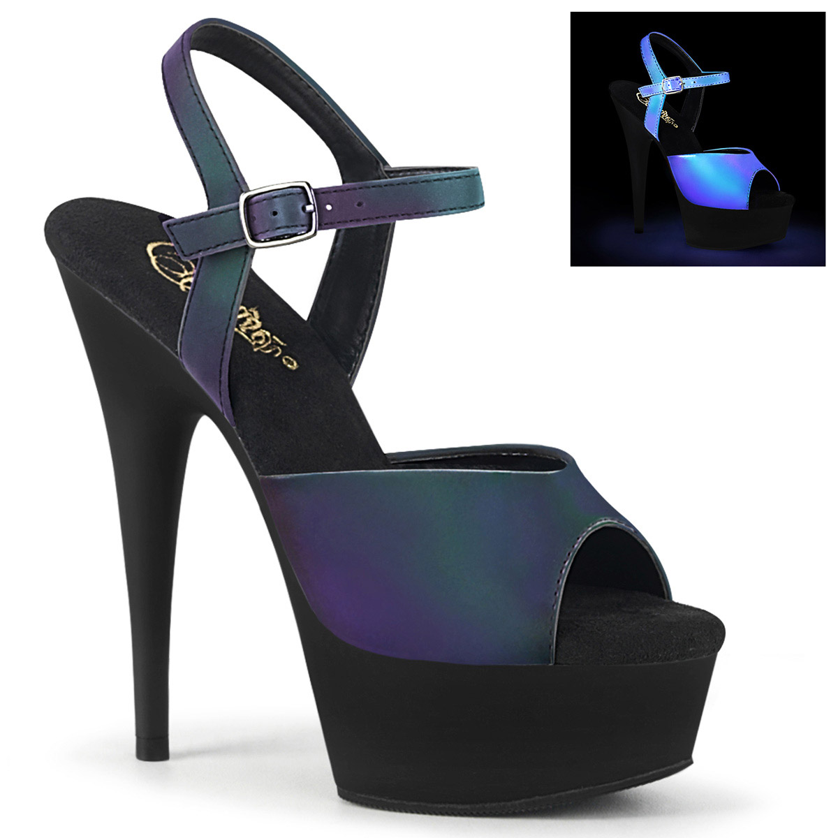 Pleaser 6" Heel 1" Pf Ankle Strap Sandals Uv Adult Women Shoes Delight/609Refl - Picture 2 of 6