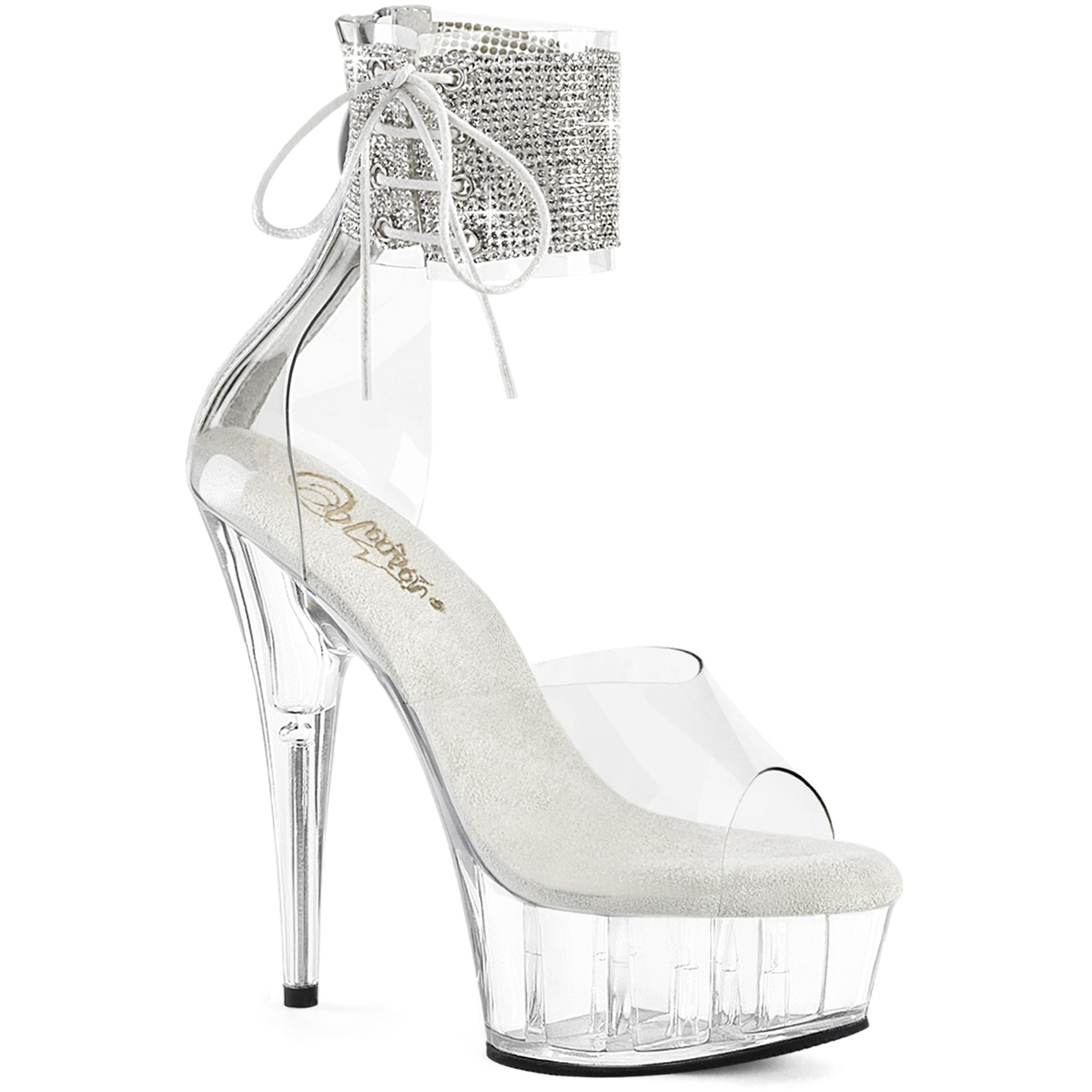 Pleaser Rhinestone Ankle Cuff Clear Platform Heel Sandal 6 Inch Back Zip