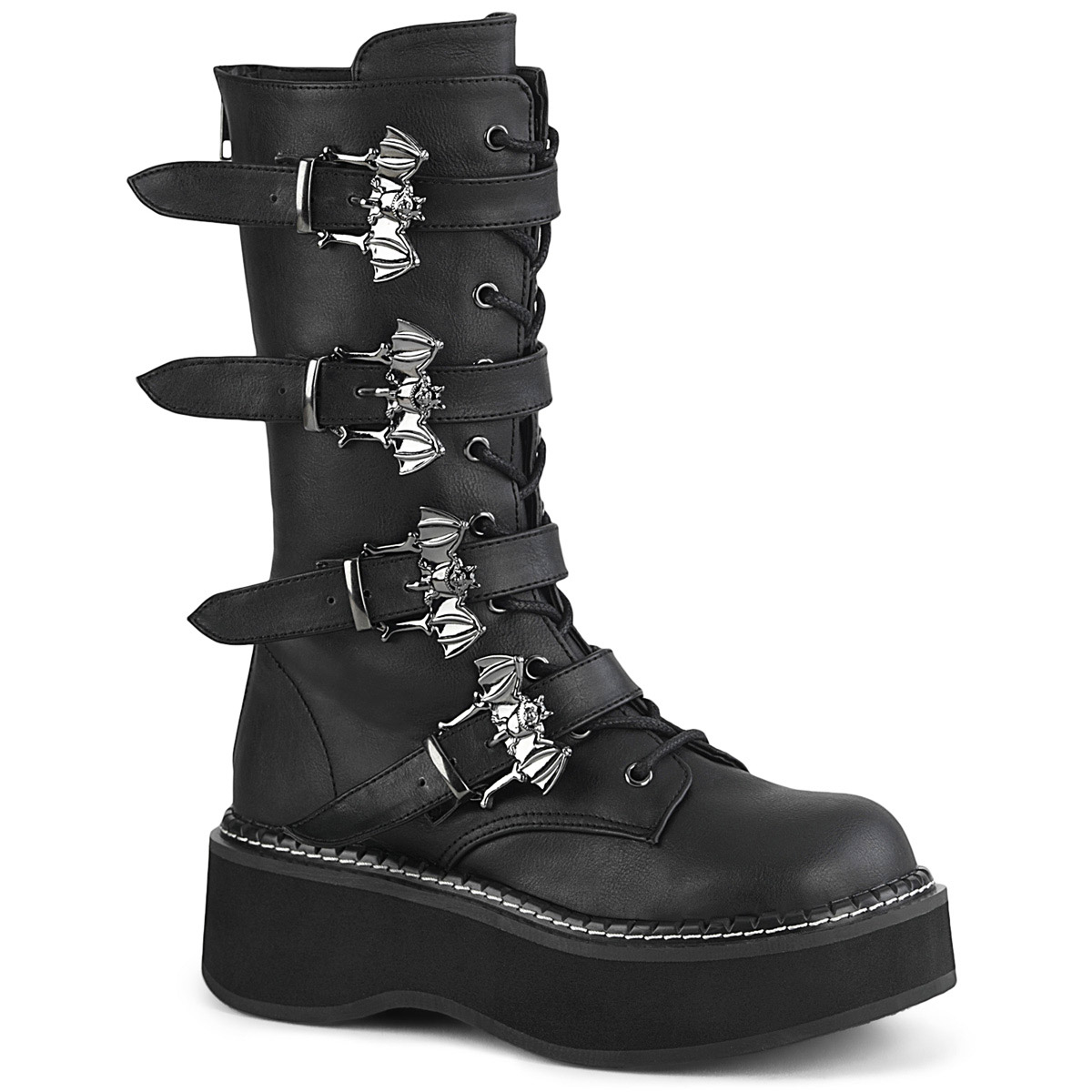 Pleaser Demonia Emily 322 Lace-Up Mid-Calf Platform Boots With Buckle Straps
