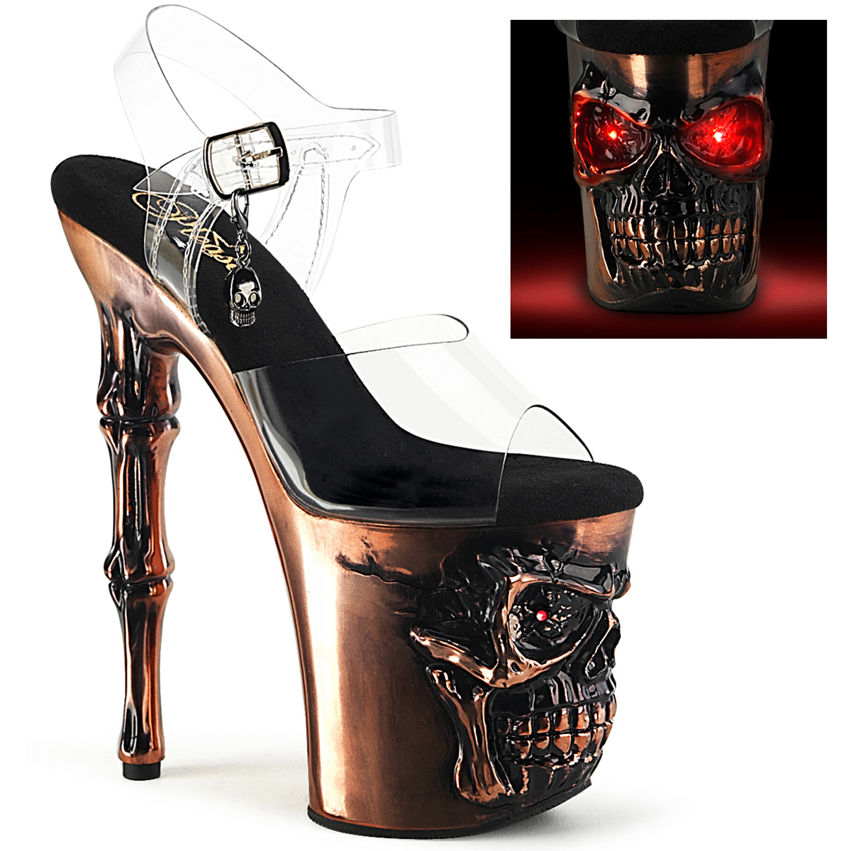 Pleaser 8″ Finger Bone Skull Pf Led Strap Sandals Adult Women Rapt808-Lt/C/Basch