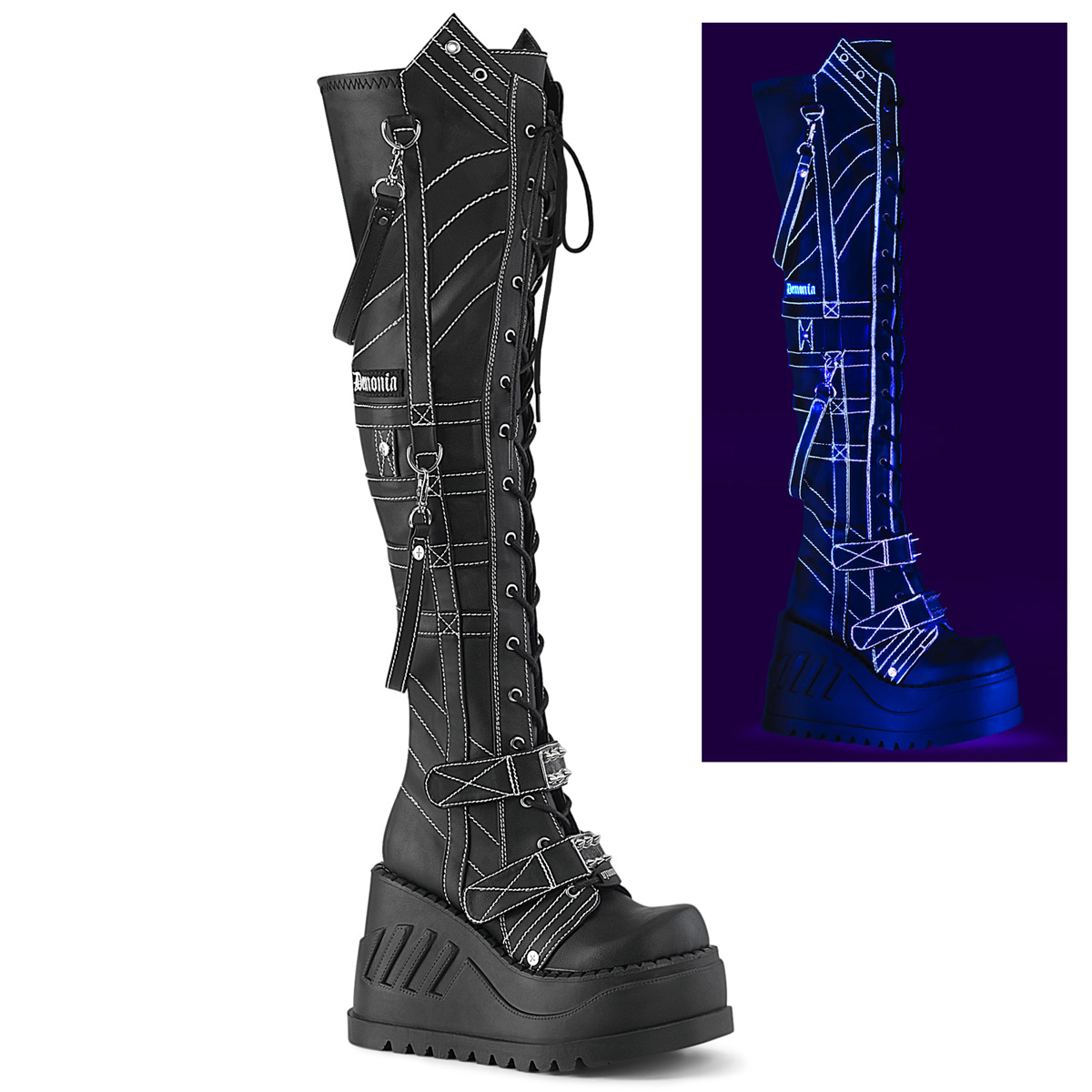 Demonia Vegan Leather Goth Platform Punk Combat Boots Knee High Boot Stomp-310