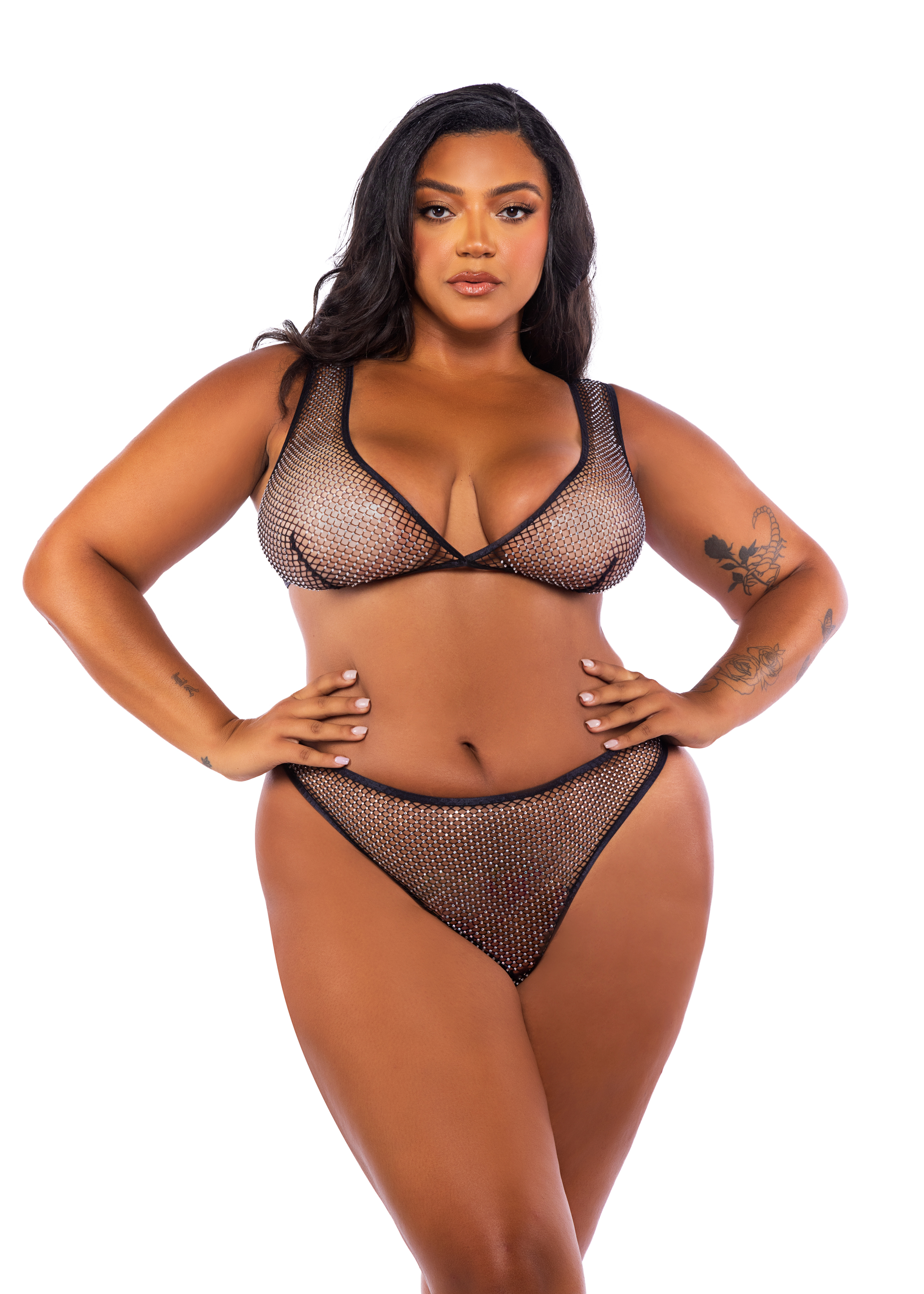Roma Think 2-Piece Rhinestone Fishnet Lingerie Set Tube Top Shorts Li729Q