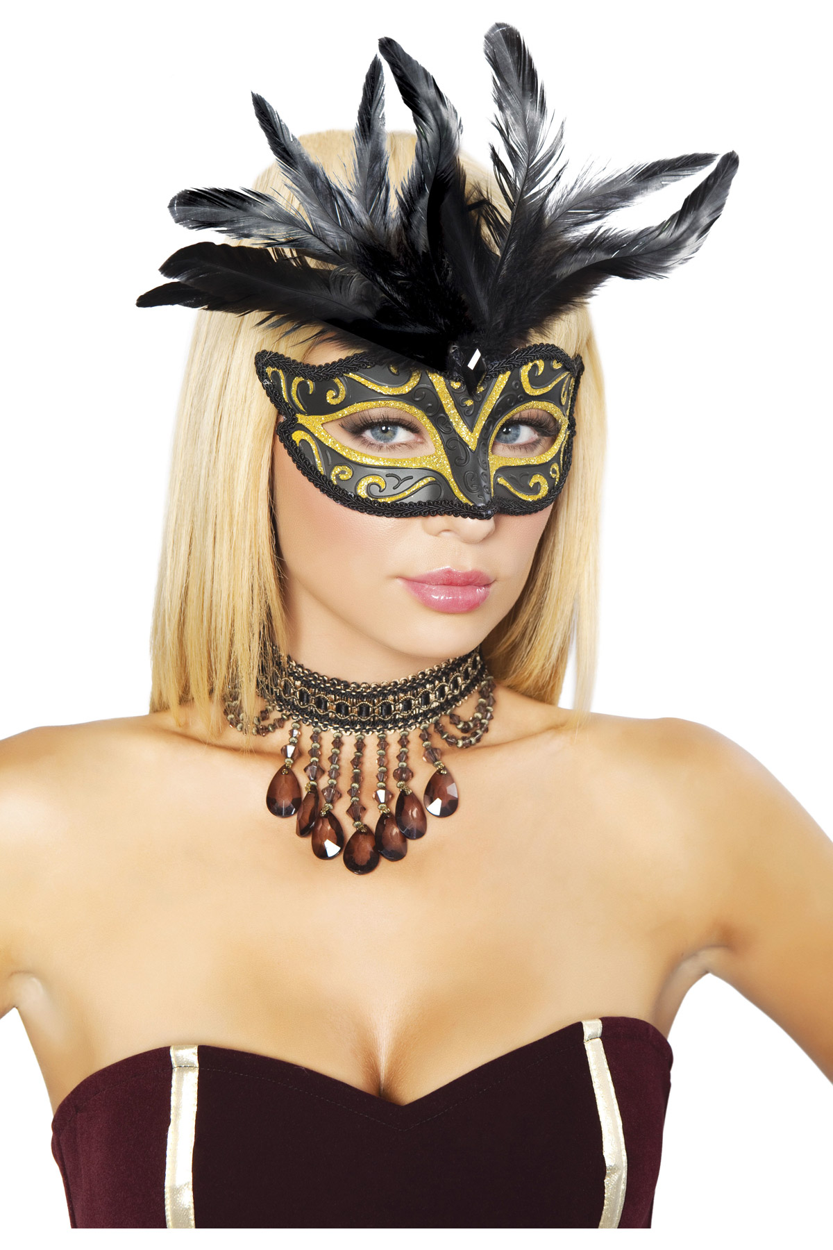 Adult Women Black Feathered Masquerade Mask - Picture 2 of 2