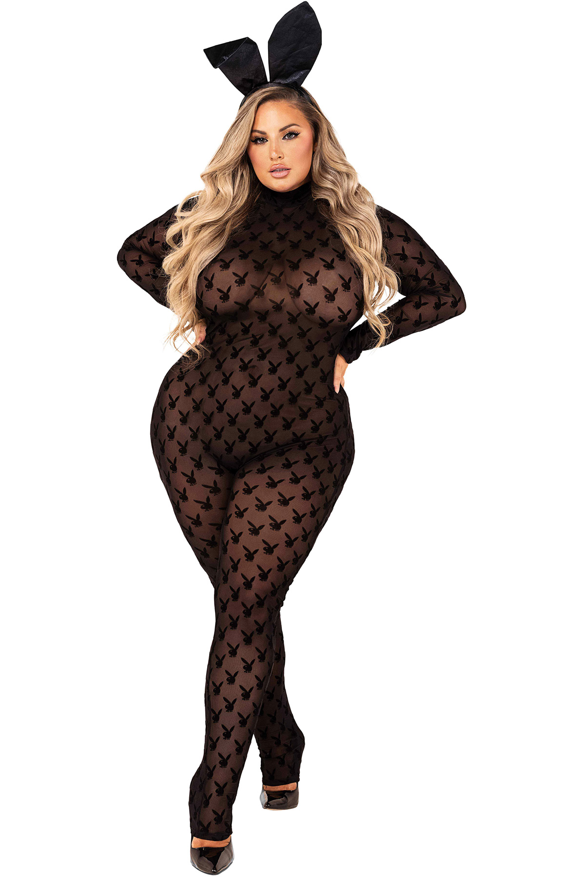 Roma Sheer Playboy Bunny Flocking Bodysuit Adult Women Costume Pb112 - Picture 4 of 5