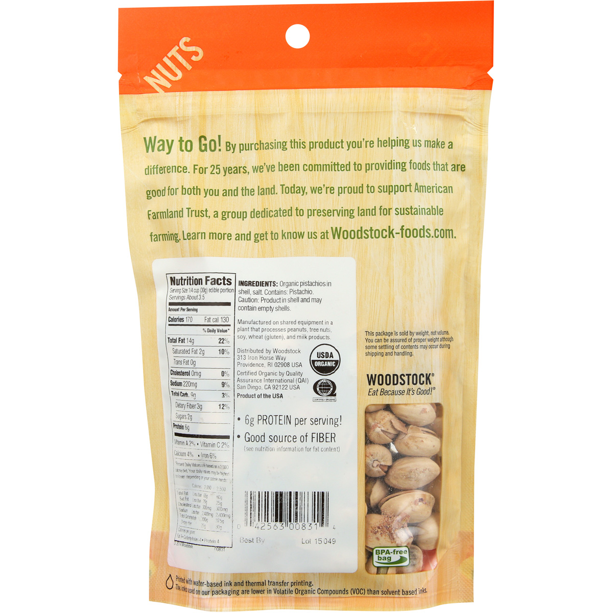 Woodstock Farms Pistachios Dry Roasted Salted Organic 8 X 8oz Bags/Case ...