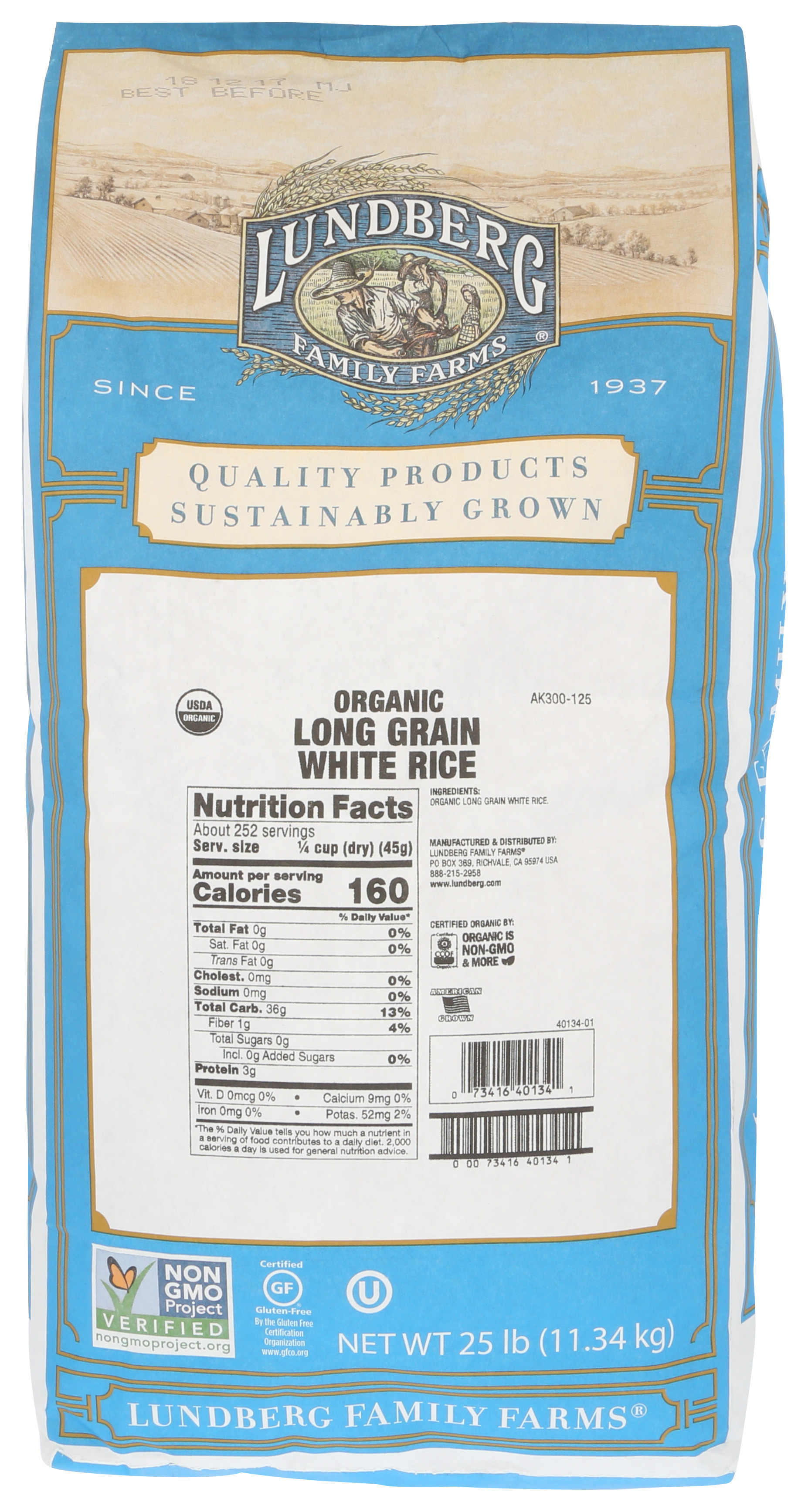 Lundberg Family Farms Organic Long Grain White Rice 25 Lb Bag