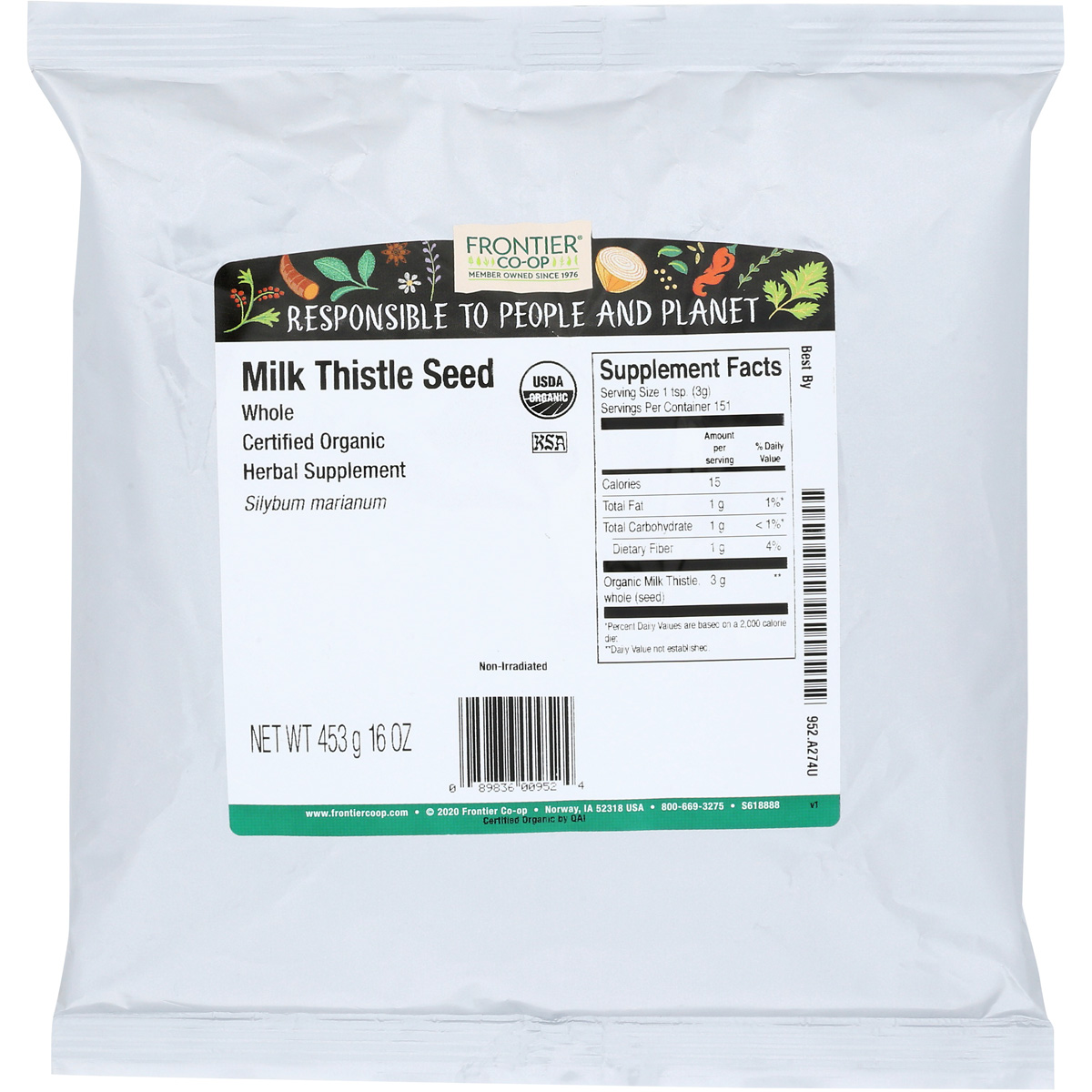 Whole Organic Milk Thistle Seed Frontier 16 Oz 1 Lb
