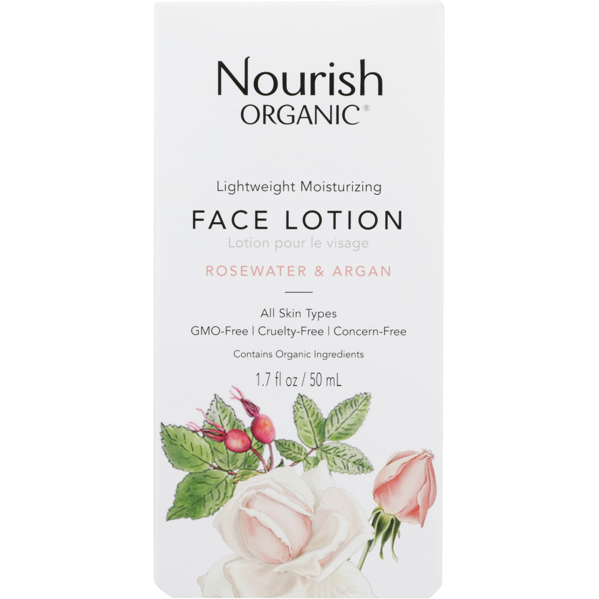 Nourish Lightweight Rosewater & Argan Face Lotion Organic 1.7 Fl Oz Fl.