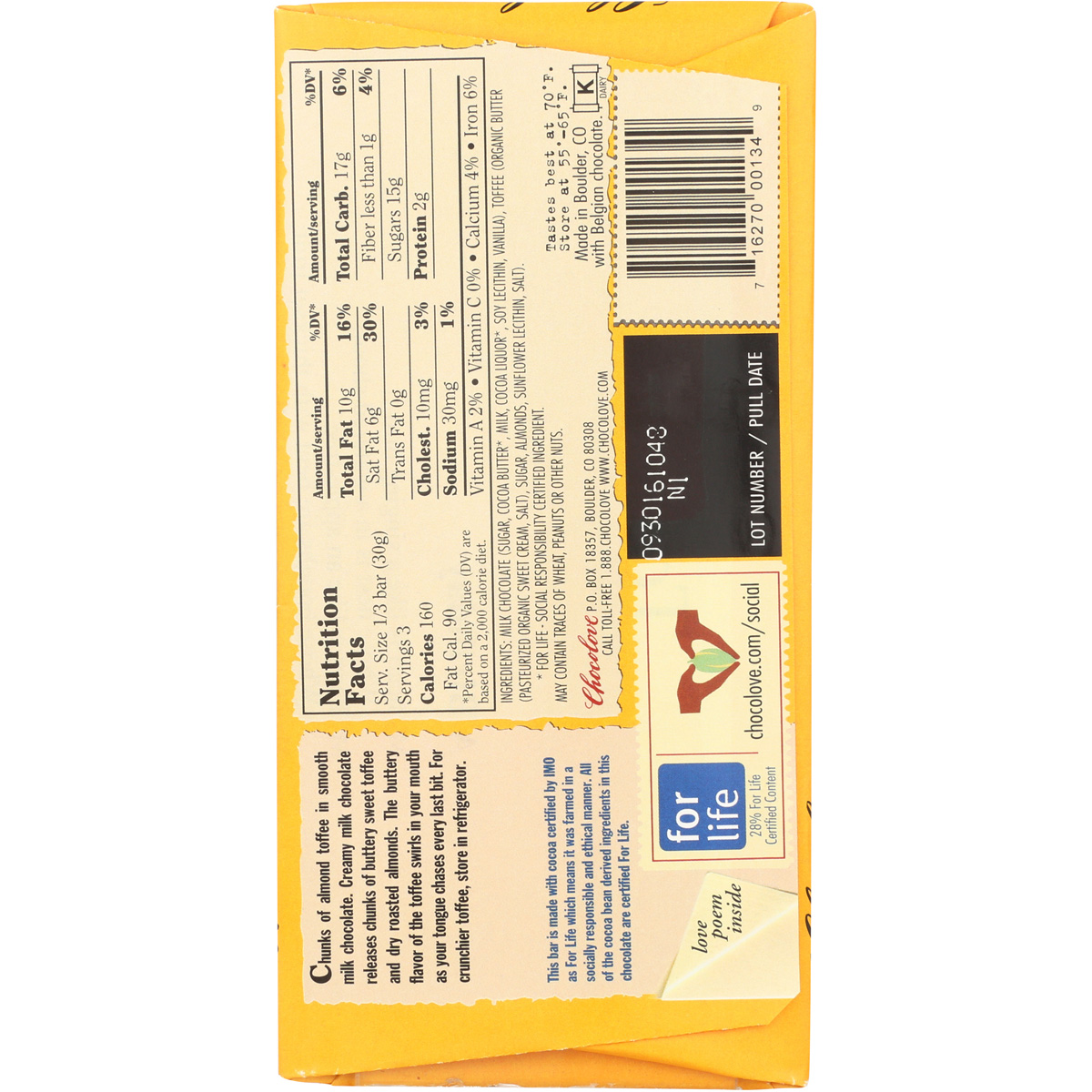 Chocolove Toffee & Almonds Milk Chocolate Bar 3.2 Oz