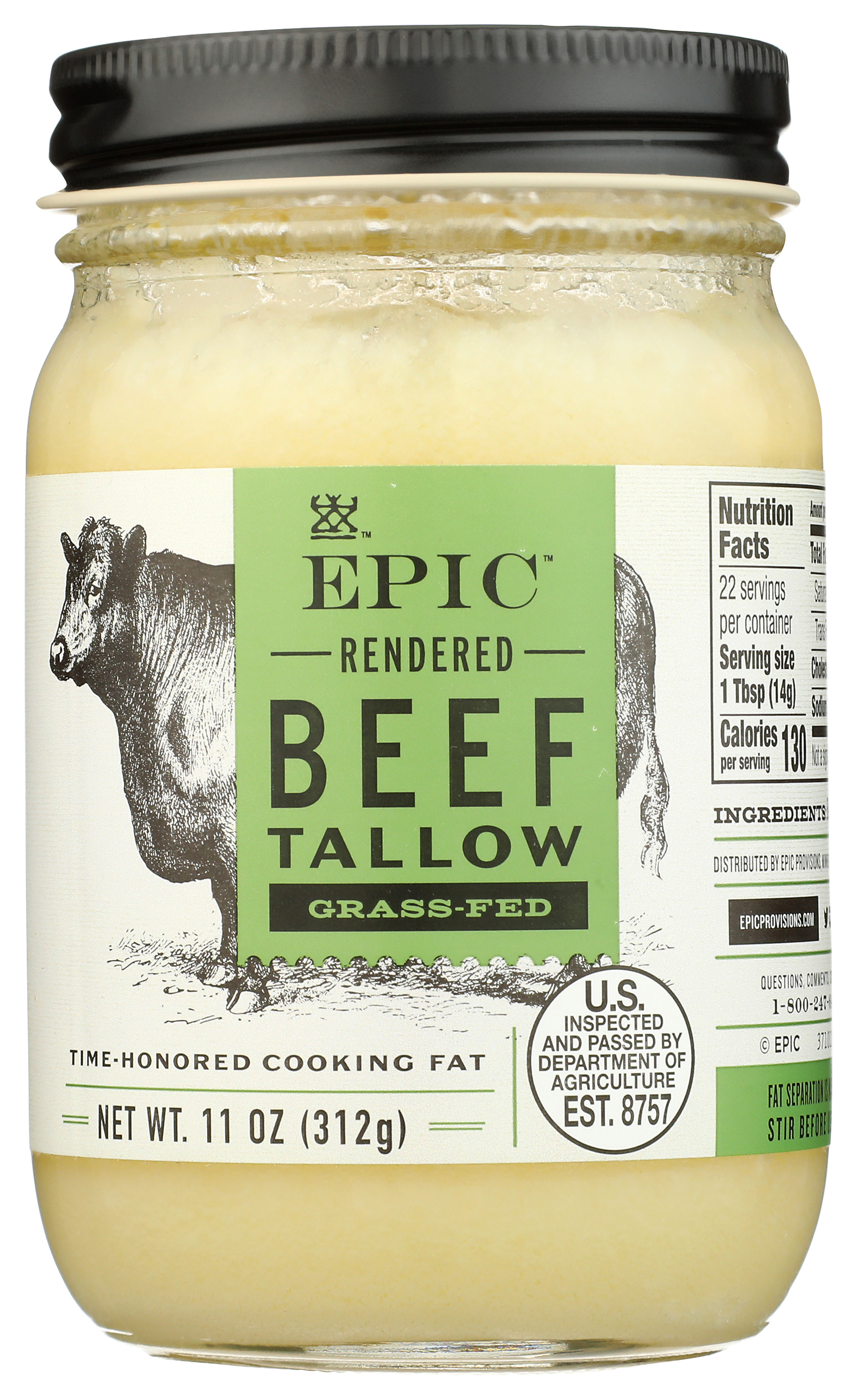 Grass Fed Epic Beef Tallow Rendered Cooking Fat 11 Oz Oil