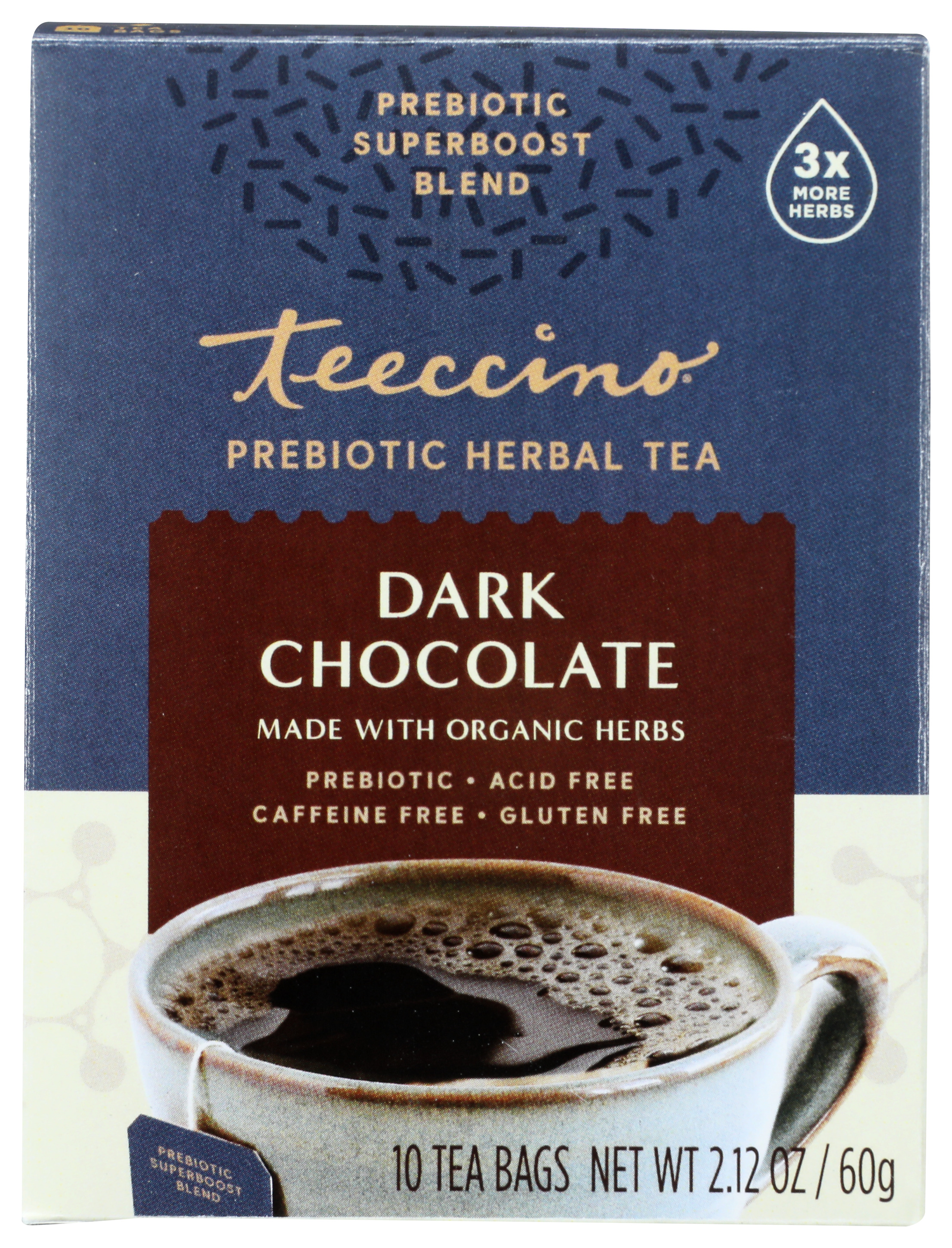 Teeccino Dark Chocolate Prebiotic Herbal Tea 10 Bags Seeds Bag